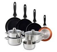 Well Home Pack Batería de cocina 7 Piezas en acero inoxidable + Sartenes Ø16Ø20Ø24Ø28cm Aluminio prensado Bronce metalizado
