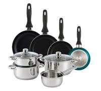 Well Home Pack Batería de cocina 7 Piezas en acero inoxidable + Sartenes Ø16Ø20Ø24Ø28cm Aluminio prensado Azul metalizado