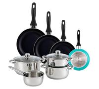 Well Home Pack Batería de cocina 7 Piezas en acero inoxidable + Sartenes Ø16Ø20Ø24Ø28cm Aluminio prensado Azul celeste