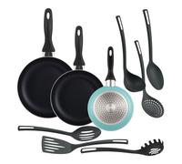 Well Home Set de 3 Sartenes Ø16Ø20Ø24cm de Aluminio prensado en Azul mate + 6 Utensilios de cocina en PBT color Negro
