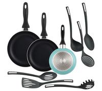 Well home set de 3 sartenes ø16ø20ø24cm de aluminio en azul mate + 6 utensilios de cocina en pbt color negro