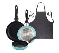 Well Home Set de 3 Sartenes Ø16Ø20Ø24cm de Aluminio prensado en Azul mate+Delantal de Cocina Gris oscuro 100% Algodón 75x80cm