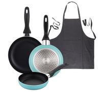 Well Home Set de 3 Sartenes Ø16Ø20Ø24cm de Aluminio prensado en Azul mate+Delantal de Cocina Gris oscuro 100% Algodón 75x80cm Pk9917.