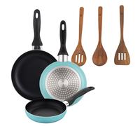 Well Home Set de 3 Sartenes Ø16Ø20Ø24cm de Aluminio prensado en Azul mate+Delantal de Cocina Gris oscuro 100% Algodón 75x80cm Pk9919.