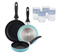 Well Home Set de 3 Sartenes Ø16Ø20Ø24cm de Aluminio prensado en Azul mate+Delantal de Cocina Gris oscuro 100% Algodón 75x80cm WH Azul Vas4