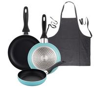Well Home Set de 3 Sartenes Ø16Ø20Ø24cm de Aluminio prensado en Azul mate+Delantal de Cocina Gris oscuro 100% Algodón 75x80cm