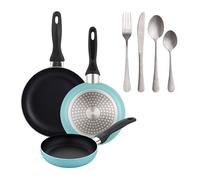 Well home set de 3 sartenes ø16ø20ø24cm de aluminio prensado en azul mate+set de 16 cubiertos en acero inoxidable 36 cm
