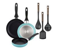 Well Home Set de 3 Sartenes Ø16Ø20Ø24cm de Aluminio prensado en Azul mate+Delantal de Cocina Gris oscuro 100% Algodón 75x80cm Pk9935.