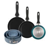 Well Home Set de 3 Sartenes Ø16Ø20Ø24cm de Aluminio prensado en Azul metalizado+Delantal de Cocina Gris oscuro 100% Algodón 75x80cm BC24/28+MOL36