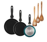 Well Home Set de 3 Sartenes Ø16Ø20Ø24cm de Aluminio prensado en Azul metalizado+Delantal de Cocina Gris oscuro 100% Algodón 75x80cm Pk9838.