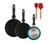 Well Home Set de 3 Sartenes Ø16Ø20Ø24cm de Aluminio prensado en Azul metalizado+Juego de 2 utensilios de cocina de silicona