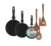 Well Home Set de 3 Sartenes Ø16Ø20Ø24cm de Aluminio prensado en Azul metalizado+Set 3pc utensilios cocina madera acacia