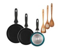 Well Home Set de 3 Sartenes Ø16Ø20Ø24cm de Aluminio prensado en Azul metalizado+Delantal de Cocina Gris oscuro 100% Algodón 75x80cm Pk9838.
