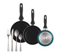 Well home set de 3 sartenes ø16ø20ø24cm de aluminio prensado en azul metalizado+set de 16 cubiertos en acero inoxidable 36 cm