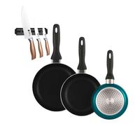 Well home set de 3 sartenes ø16ø20ø24cm de aluminio prensado en azul metalizado+set de 3 cuchillos en acero inoxidable con soporte magnético de pared 36 cm