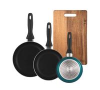 Well home set de 3 sartenes ø16ø20ø24cm de aluminio prensado en azul metalizado+tabla de cortar 40,3x25,2x2,5cm de madera de acacia
