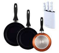 Well Home Set de 3 Sartenes Ø16Ø20Ø24cm de Aluminio prensado en Bronce metalizado+Delantal de Cocina Gris oscuro 100% Algodón 75x80cm WH Brnz CuchT