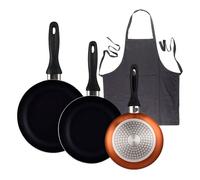 Well home set de 3 sartenes ø16ø20ø24cm de aluminio prensado en bronce metalizado+delantal de cocina gris oscuro 100% algodón 75x80cm