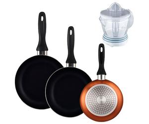 Well home set de 3 sartenes ø16ø20ø24cm de aluminio prensado en bronce metalizado+exprimidor de 40w de potencia - capacidad de 1.2 litros