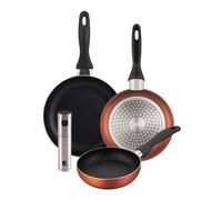 Well Home Set de 3 Sartenes Ø16Ø20Ø24cm de Aluminio prensado en Cobre metalizado+Delantal de Cocina Gris oscuro 100% Algodón 75x80cm WH Cobr Pulv