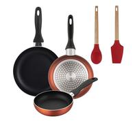 Well Home Set de 3 Sartenes Ø16Ø20Ø24cm de Aluminio prensado en Cobre metalizado+Juego de 2 utensilios de cocina de silicona