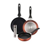 Well Home Set de 3 Sartenes Ø16Ø20Ø24cm de Aluminio prensado en Cobre metalizado+Pulverizador de Aceite y vinagre Ø4x17,5cm en acero inoxidable