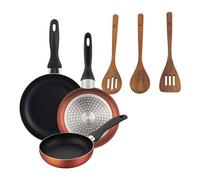 Well Home Set de 3 Sartenes Ø16Ø20Ø24cm de Aluminio prensado en Cobre metalizado+Set 3pc utensilios cocina madera acacia