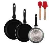 Well Home Set de 3 Sartenes Ø16Ø20Ø24cm de Aluminio prensado en Gris metalizado+Juego de 2 utensilios de cocina de silicona