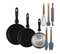 Well Home Set de 3 Sartenes Ø16Ø20Ø24cm de Aluminio prensado en Gris metalizado+Set de 5 Utensilios de Cocina de Silicona y Madera de Acacia