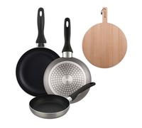 Well home set de 3 sartenes ø16ø20ø24cm de aluminio prensado en gris metalizado+tabla de corte redonda de 38x28x1,5cm en madera de haya 46 cm