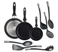 Well home set de 3 sartenes ø16ø20ø24cm de aluminio en negro + 6 utensilios de cocina en pbt color negro