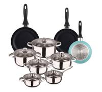 Zen Cook Set de Batería de cocina de 12pc en acero inoxidable + 3 Sartenes Ø16Ø20Ø24cm Azul mate en aluminio prensado