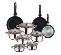 Zen Cook Set de Batería de cocina de 12pc en acero inoxidable + 3 Sartenes Ø16Ø20Ø24cm Azul metalizado en aluminio prensado