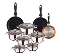 Zen Cook Set de Batería de cocina de 12pc en acero inoxidable + 3 Sartenes Ø16Ø20Ø24cm Bronce metalizado en aluminio prensado