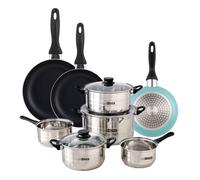Urban Cook Set de Batería de cocina de 8pc en acero inoxidable + 3 Sartenes Ø16Ø20Ø24cm Azul mate en aluminio prensado