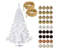 Well Home Set Navideño de Árbol Blanco de 150cm con 2 Guirnaldas de 50 LED y 36 Bolas Decorativas Doradas y ámbar