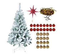 Well home set navideño de árbol nevado de 180cm con estrella de papel roja 30cm + guirnalda de 80 led y 32 bolas decorativas doradas y rojas 70 cm