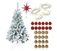 Well home set navideño de árbol nevado de 210cm con estrella de papel 30cm + 2 guirnaldas de 80 led y 28 bolas decorativas rojas y doradas