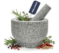 Wellhaus Mortero con mortero - Granito XXL piedra natural, gran picadora de especias para hierbas, frutos secos, ajo, recipiente de piedra maciza, acabado pesado, accesorios de cocina (gris)
