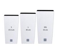Wellhome Pack 3 Macetas Altas PROSPERPLAST Rato Square de Plástico Blanco con Depósito y Textura de Ratán Natural