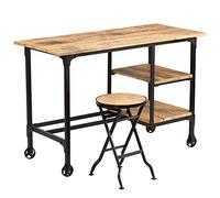 WEMYUFURN Escritorio con taburete plegable de madera de mango maciza, 115 x 50 x 76 cm, mesa para ordenador de estilo antiguo con ruedas, dos estantes y marco de acero pulverizado, incluye taburete