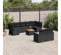 WEMYUFURN Juego de 10 sofás de jardín de ratán sintético con cojines negros, muebles modulares para terraza, mesa de jardín con tablero de madera de acacia, fundas extraíbles y lavables