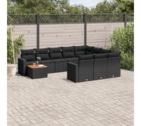 WEMYUFURN Juego de 11 sofás modulares de jardín, color negro, de ratán sintético, con mesa de madera de acacia, incluye cojines gruesos acolchados con fundas extraíbles y lavables