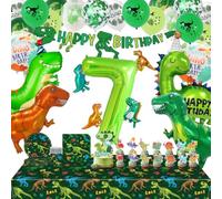 WENAUANG 80 Piezas Decoracion Cumpleaños Dinosaurios 6/7/8/9/10, XXL Globos Dinosaurio, Happy Birthday Bandera, Adorno para Tartas, Servilletas, Platos, Vasos para Fiesta Dinosaurio