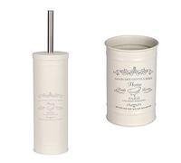 Wenko 22517100 - Escobillero de WC Home - Escobillero de WC, Acero, Beige, 9 x 9 x 37.5 cm & Wenko Vaso para cepillos de Dientes Home, Color Crema