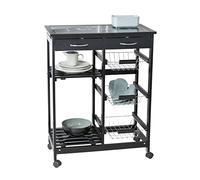 WENKO Carro de cocina «Bon Appetit», con ruedas y placa de cristal con motivo, adecuado como carro de servicio o estantería de cocina, de MDF, 67 x 86,5 x 35 cm, en color negro