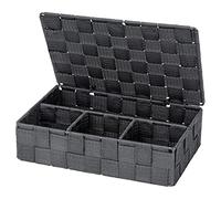 WENKO Cesta para el baño con tapa Adria pequeña, gris oscuro - Cesta para el baño con tapa y 4 compartimentos, Polipropileno, 26 x 7.5 x 17 cm, Gris oscuro