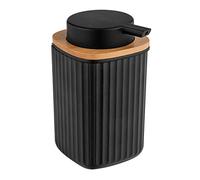 WENKO Dispensador de jabón Rotello, dosificador recargable con capacidad de 250 ml, en plástico de calidad óptima y detalles de bambú, apto para lavavajillas, 8,9 x 12,7 x 7,5 cm, negro/natural