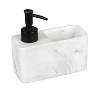 WENKO Dispensador de lavavajillas Resa Marmor, dosificador de cocina, aspecto de mármol y compartimento para estropajos, incluye estropajo, recargable, aprox. 150 ml, 14,5 x 14,3 x 6 cm, blanco/negro