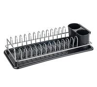 WENKO Escurreplatos Single, escurridor de platos compacto con bandeja de goteo y cesta para los cubiertos extraíble para cocinas pequeñas, marco de metal cromado, 40 x 10 x 18 cm, negro/plateado